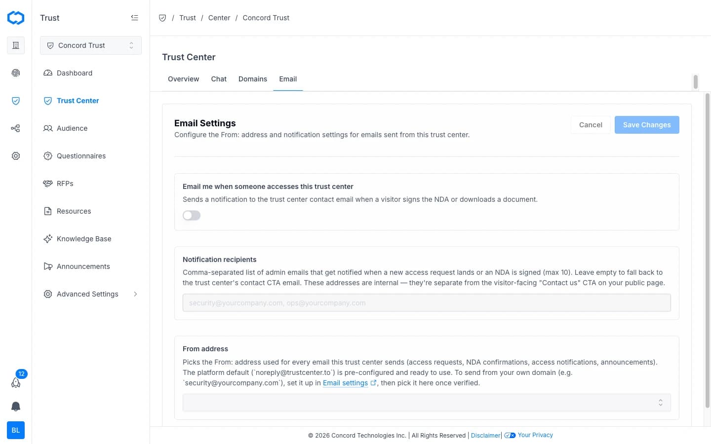 Trust Center: Email tab