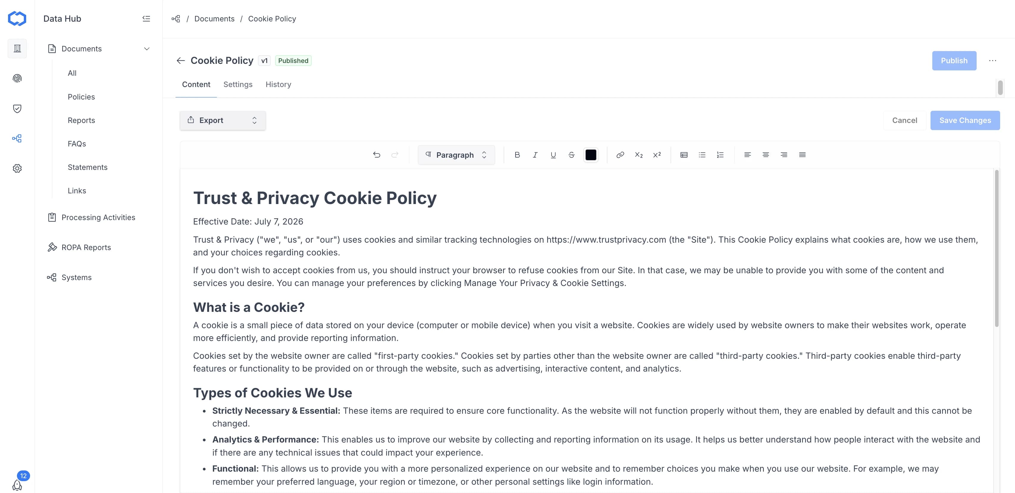 Document detail view: Content tab