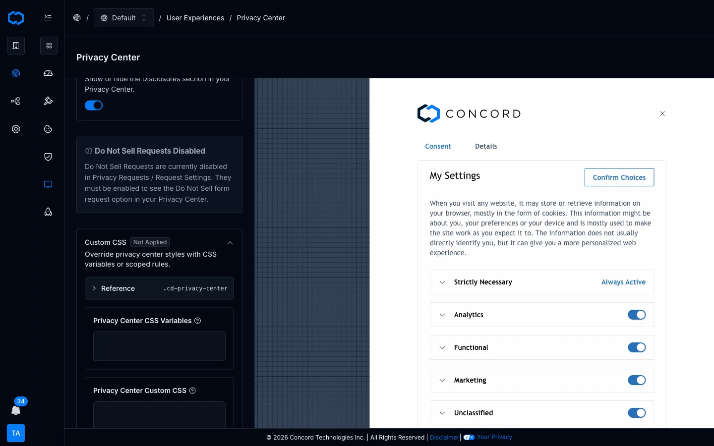 Privacy center Custom CSS panel