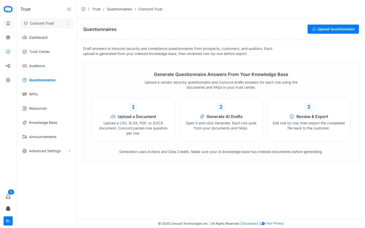 Questionnaires workspace