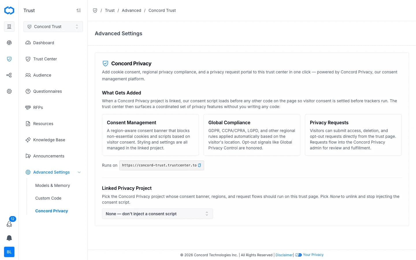 Advanced Settings: Concord Privacy integration