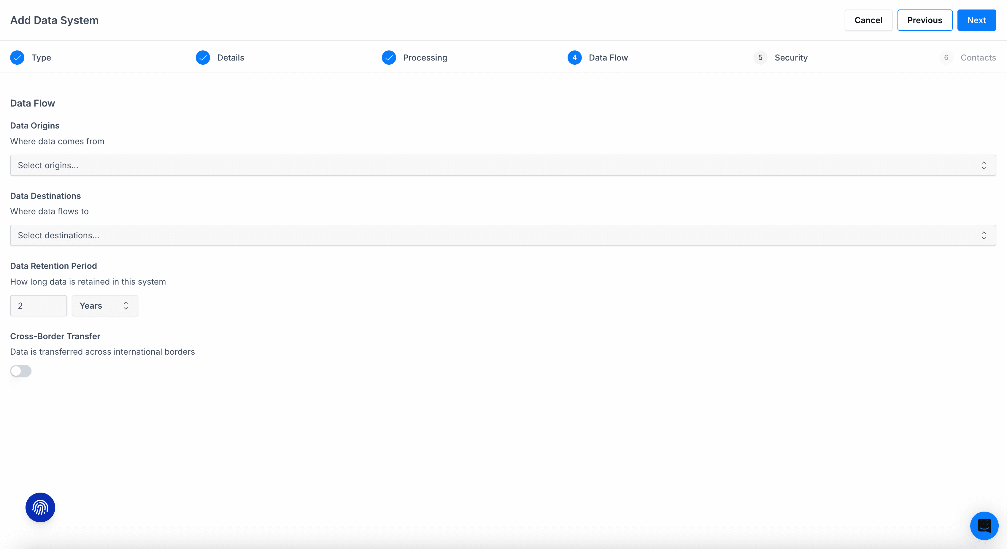 Add Data System wizard, data flow step