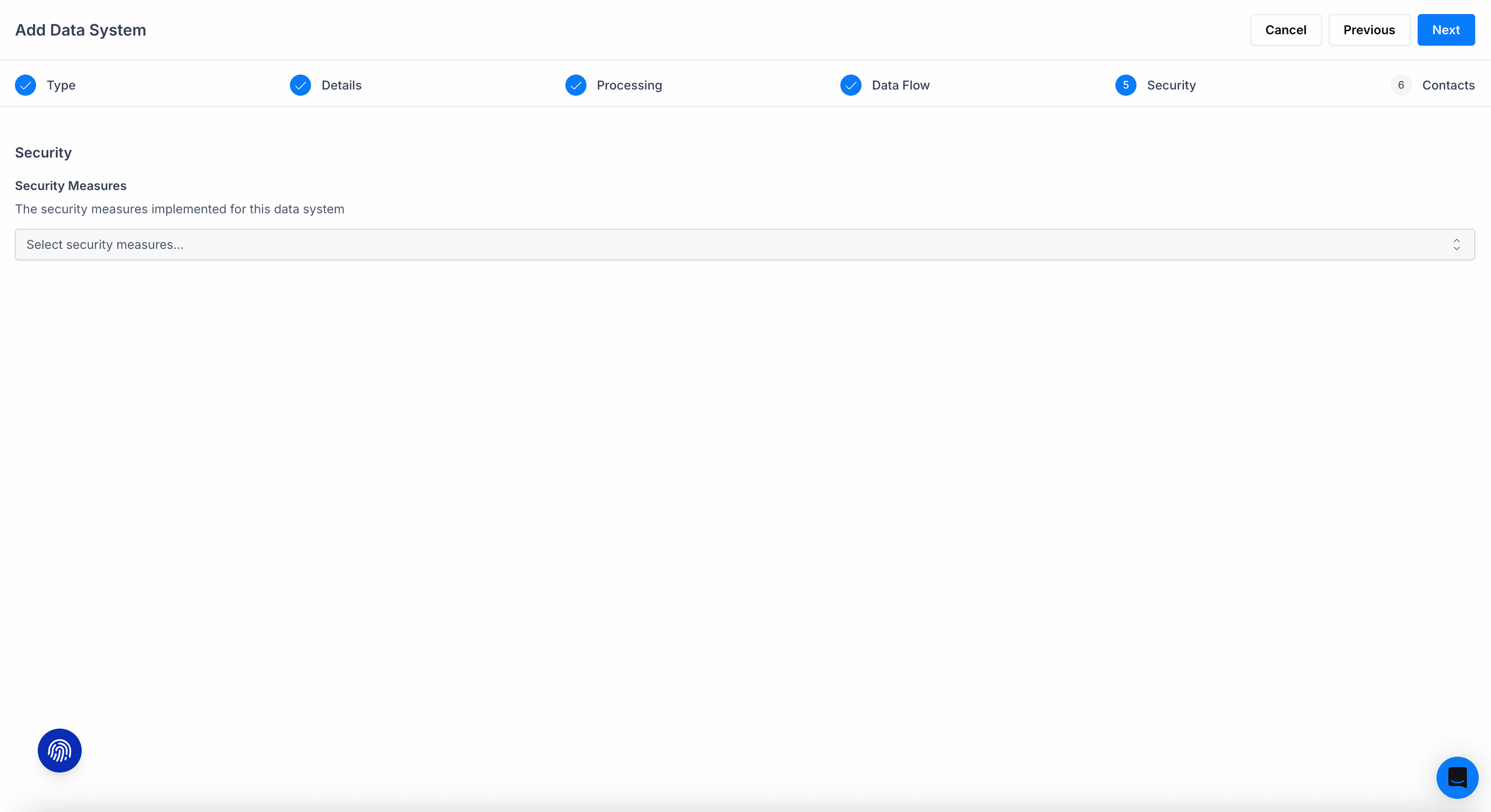 Add Data System wizard, security step