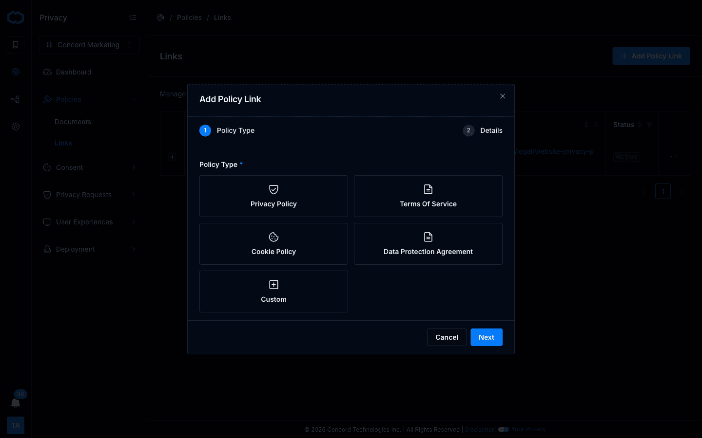 Add Policy Link — Policy Type step