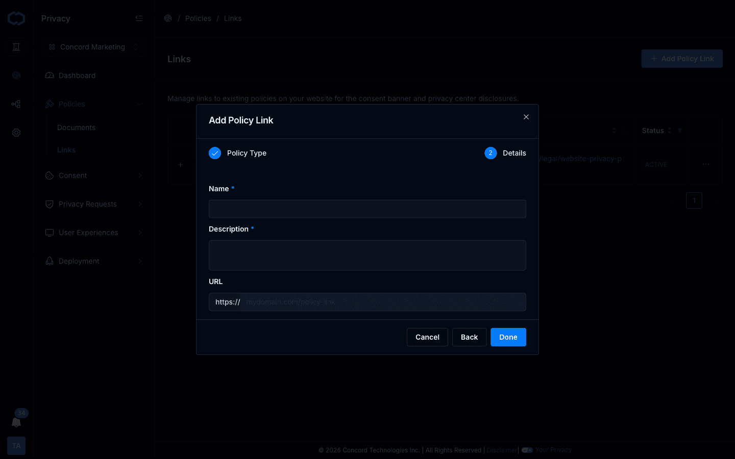 Add Policy Link — Details step