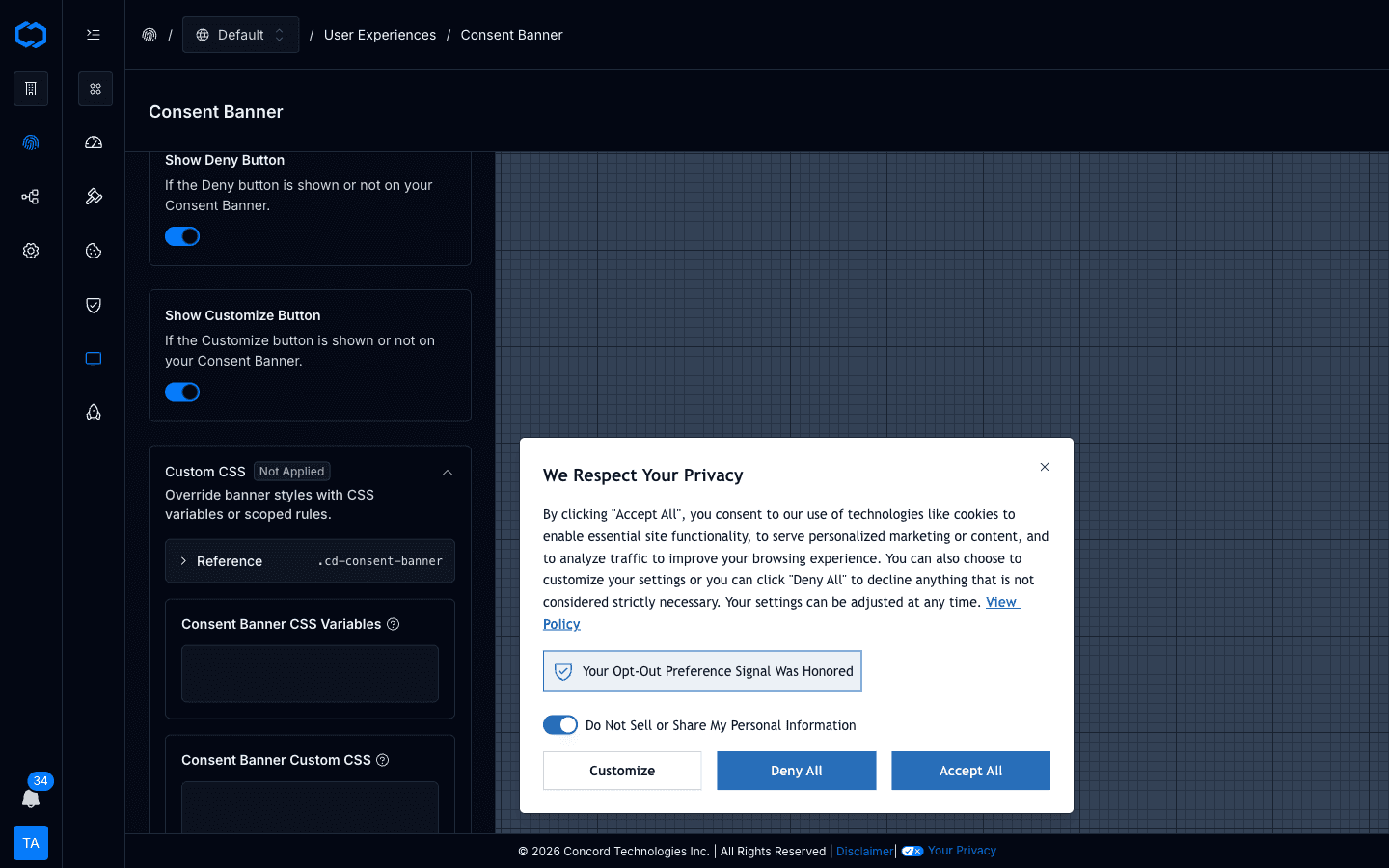 Consent banner Custom CSS panel