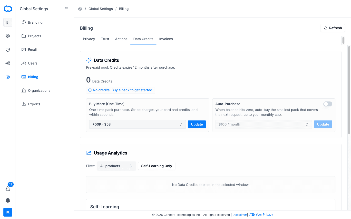 Billing: Data Credits tab