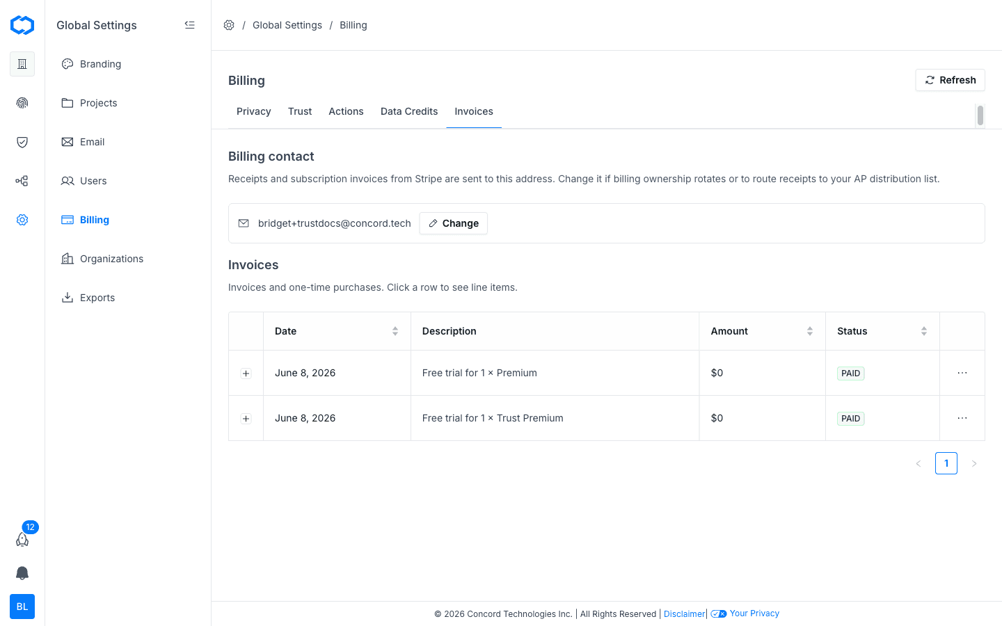 Billing: Invoices tab