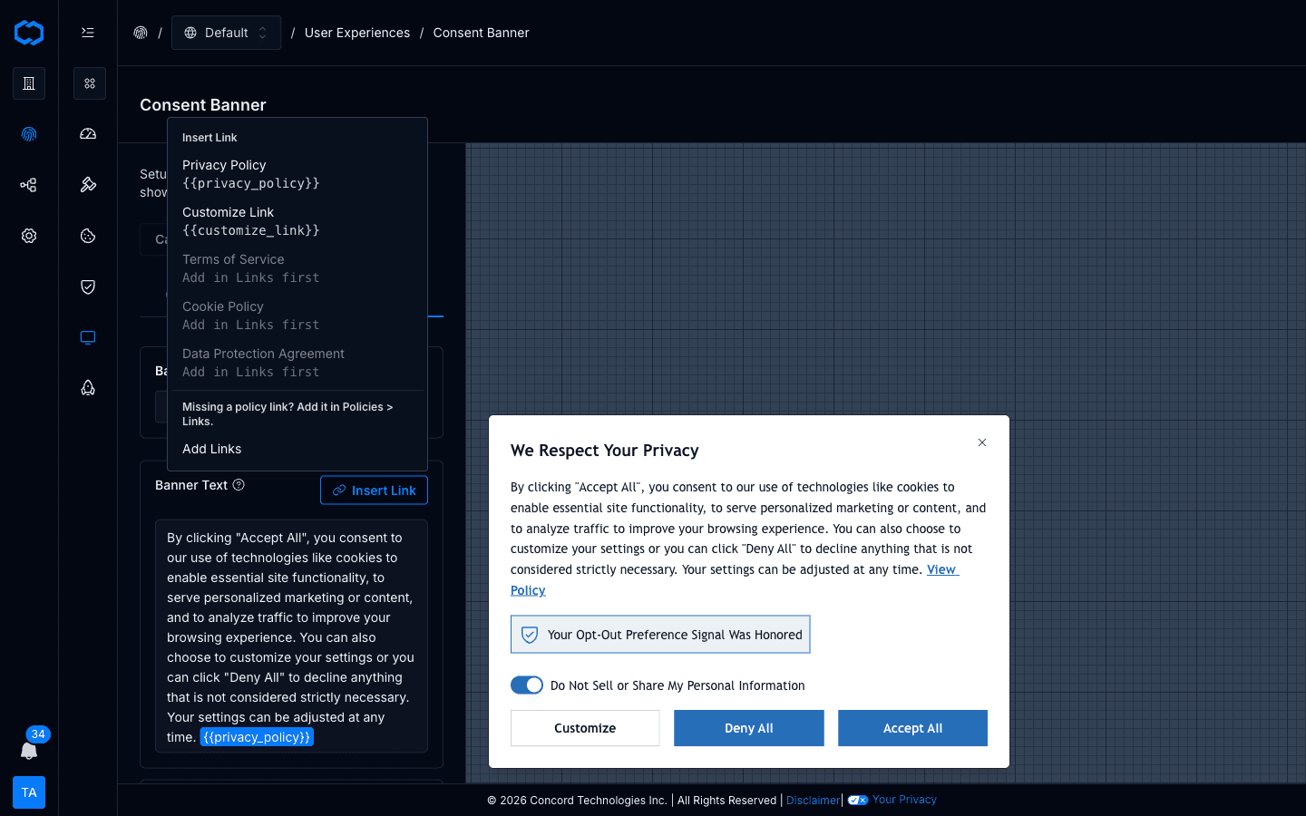 Consent banner text editor — Insert Link menu