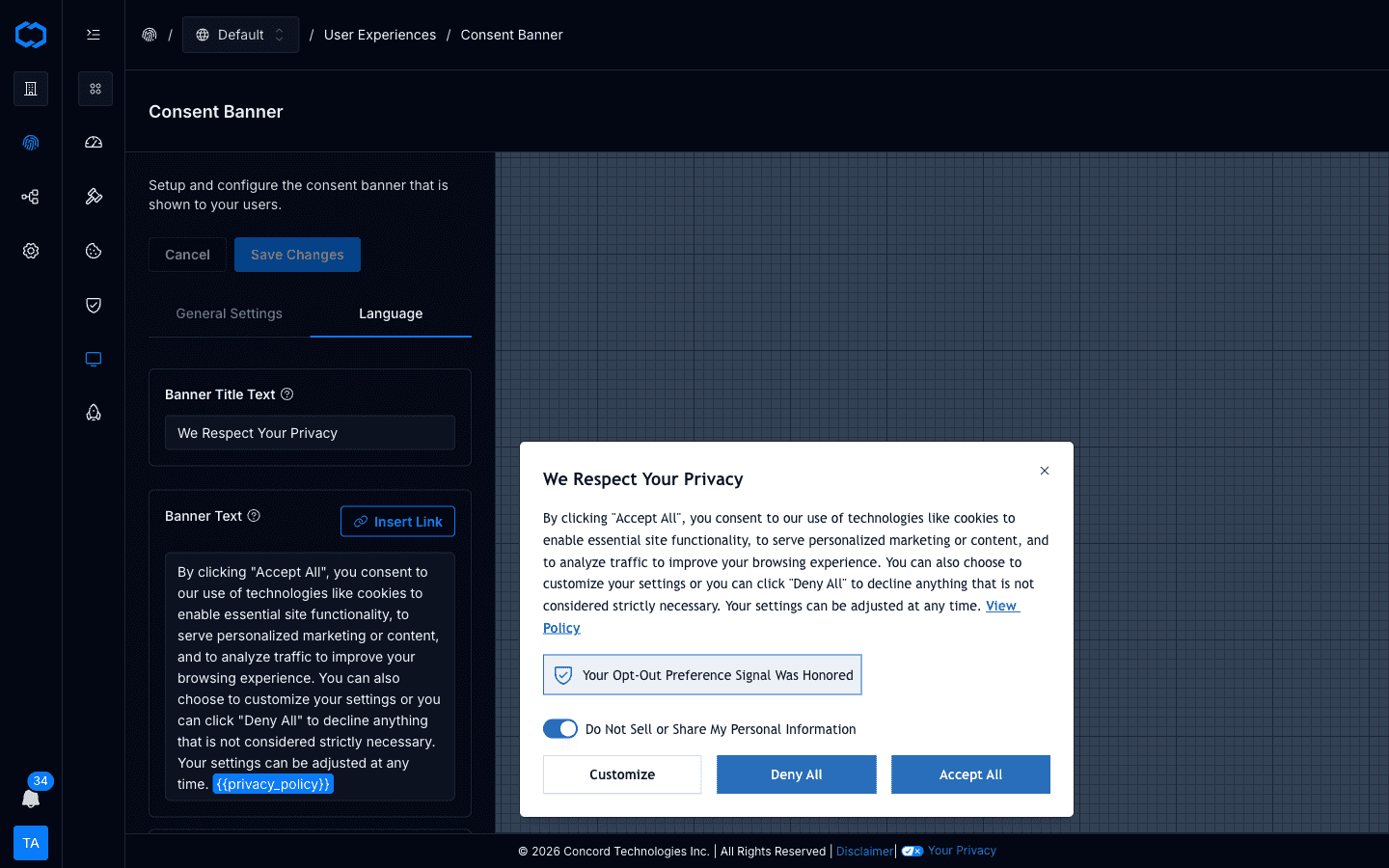 Consent banner with inline Policy Link token