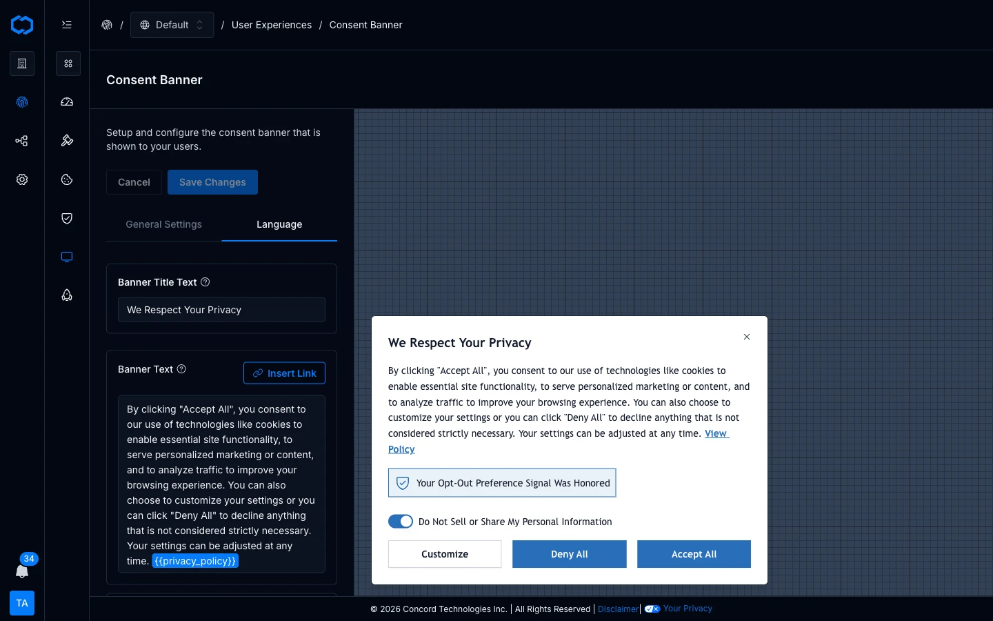 Consent banner with inline Policy Link token