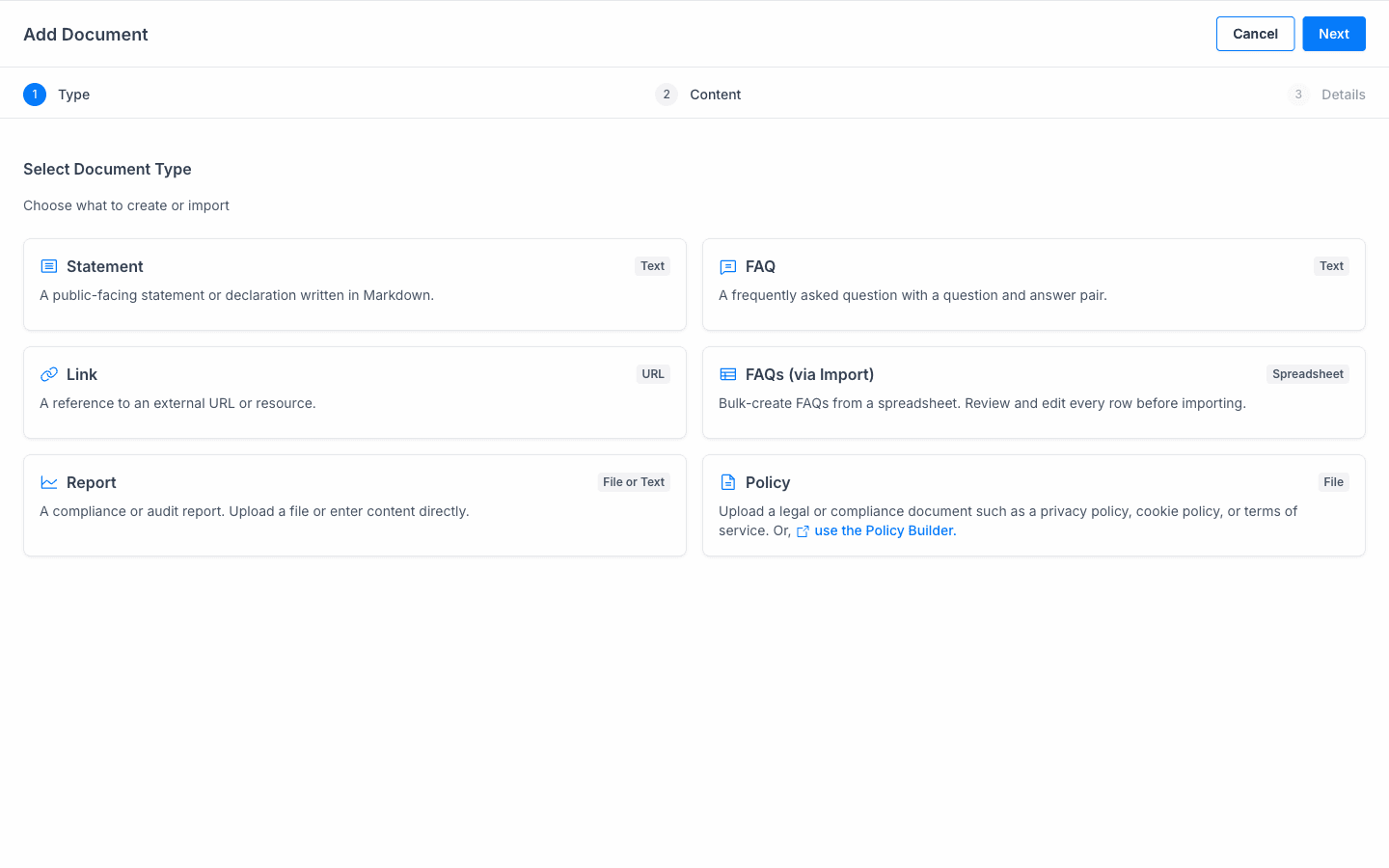 Add Document wizard: Type selection