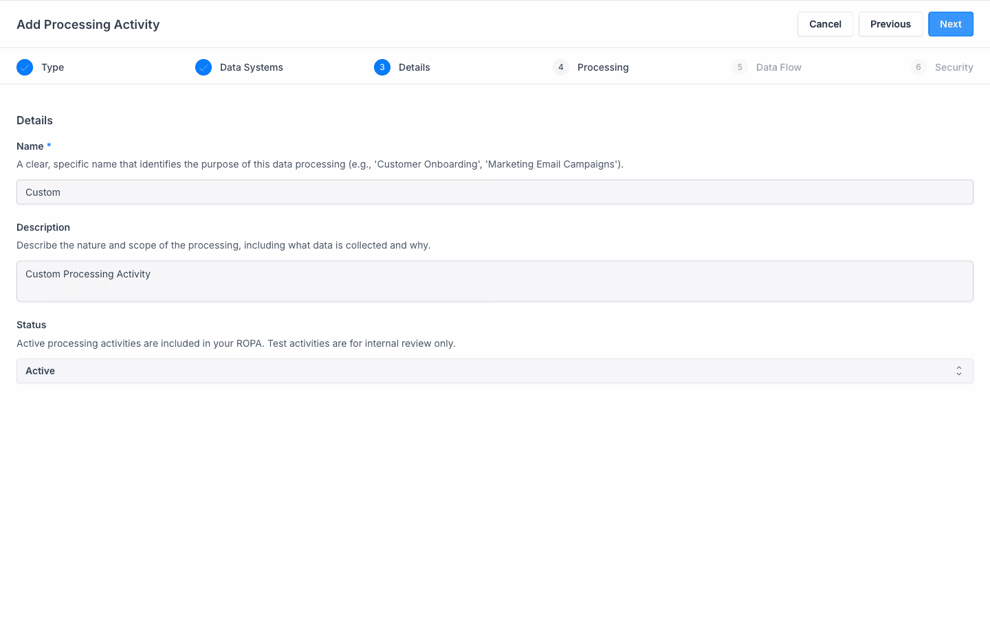 Add Processing Activity wizard, details step