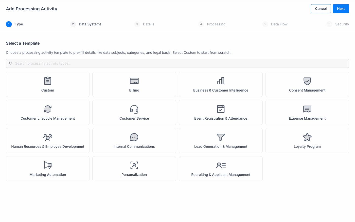 Add Processing Activity wizard, template selection