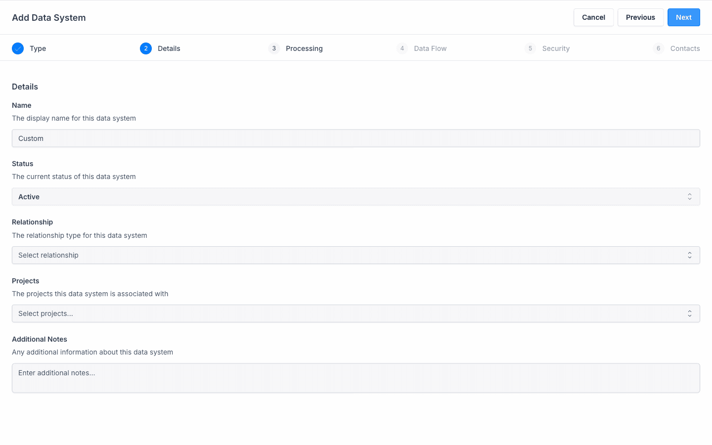 Add Data System wizard, details form