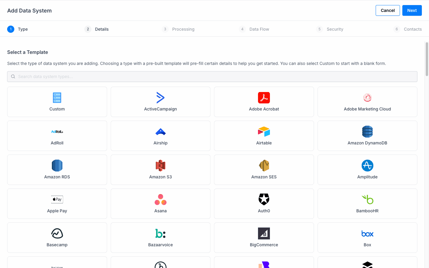 Add Data System wizard, type selection