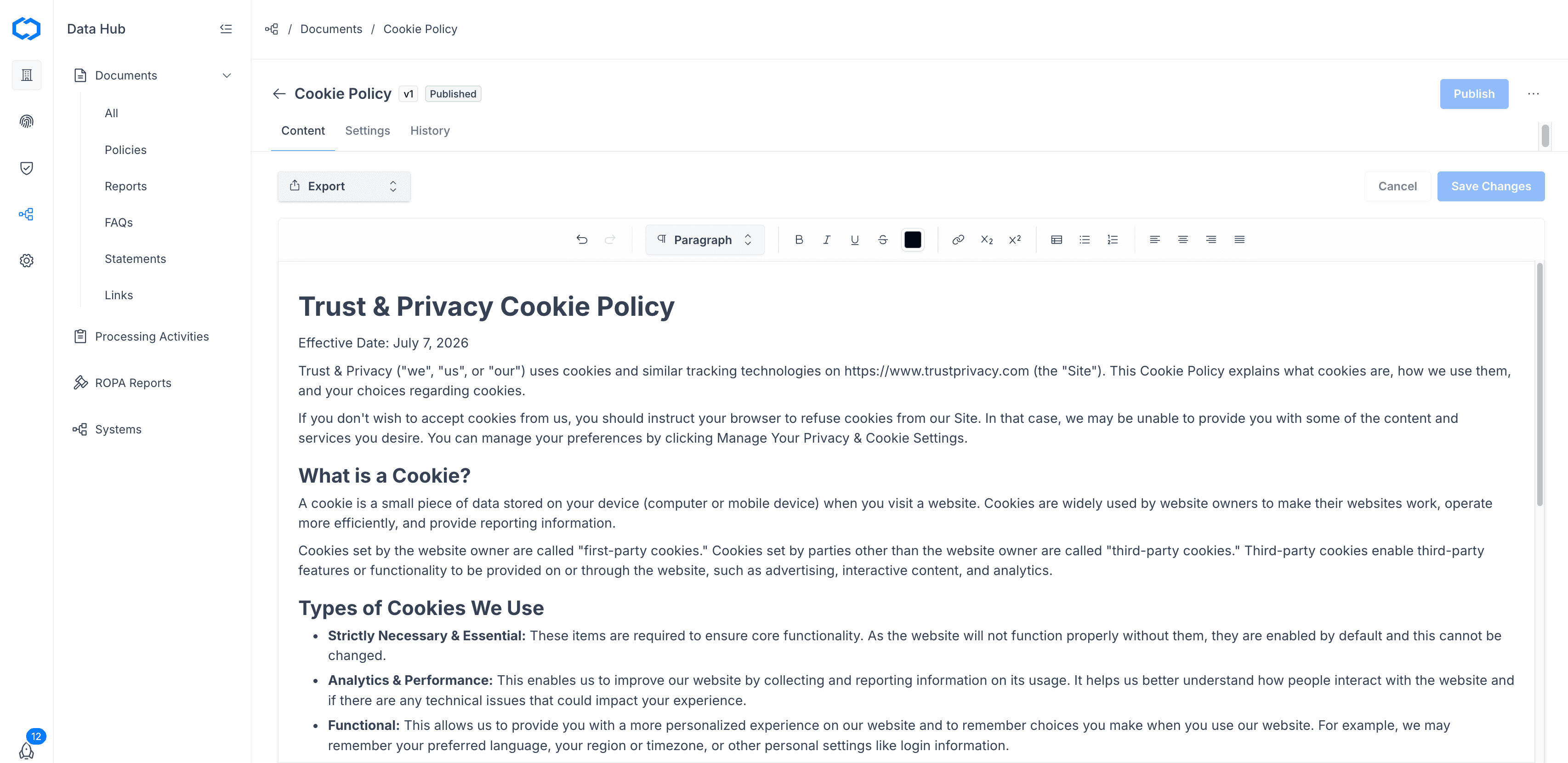 Document detail view: Content tab