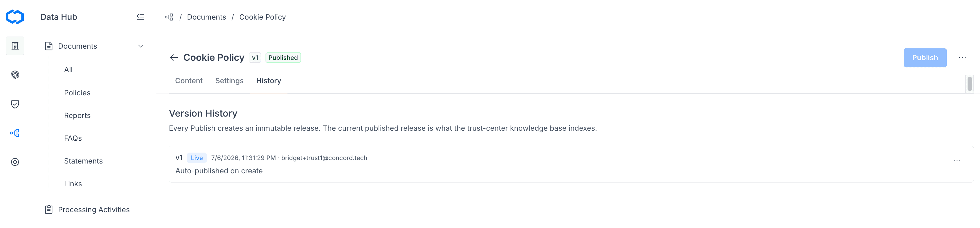 Document detail view: History tab