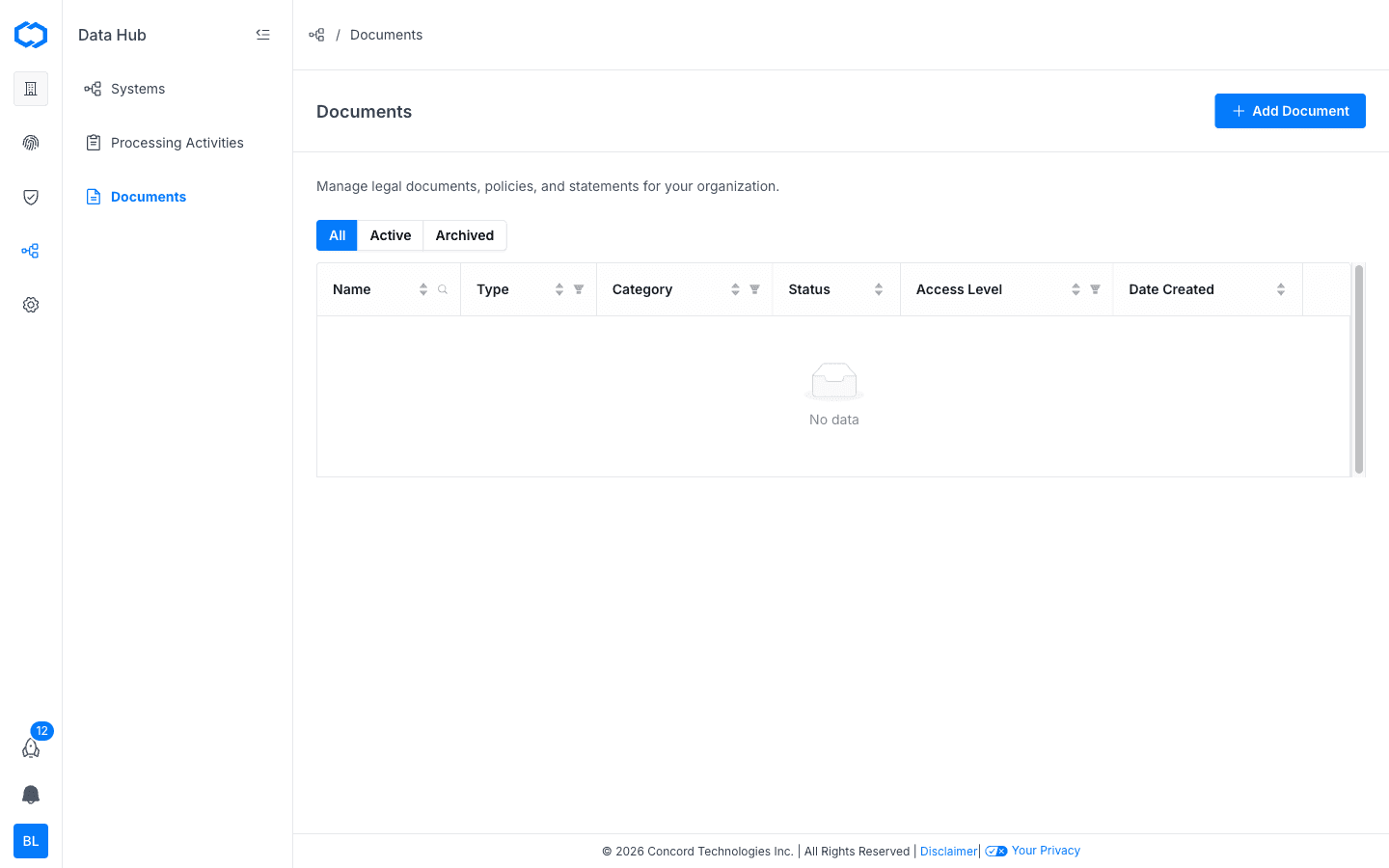 Data Hub: Documents page