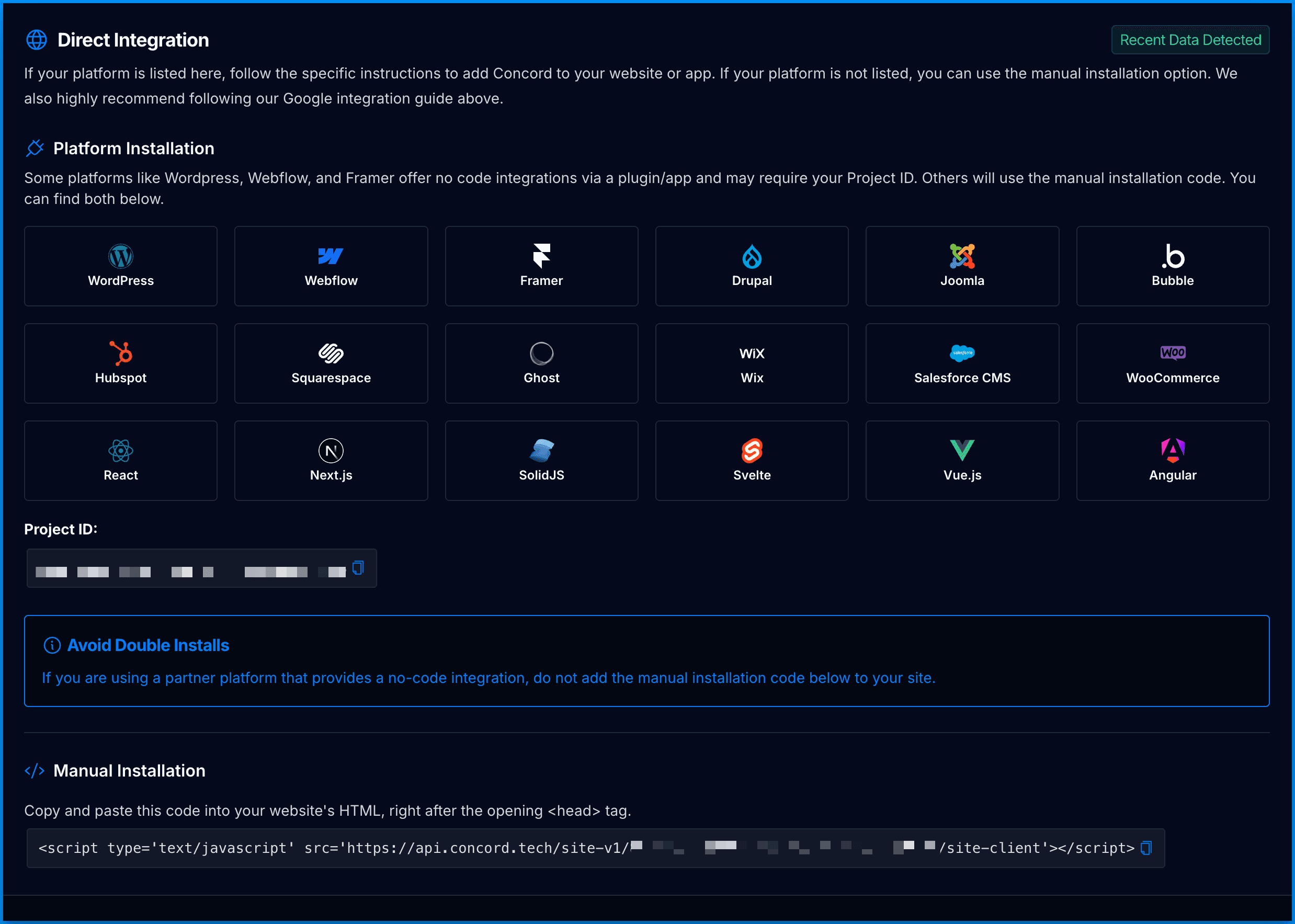 Concord integration screen for React
