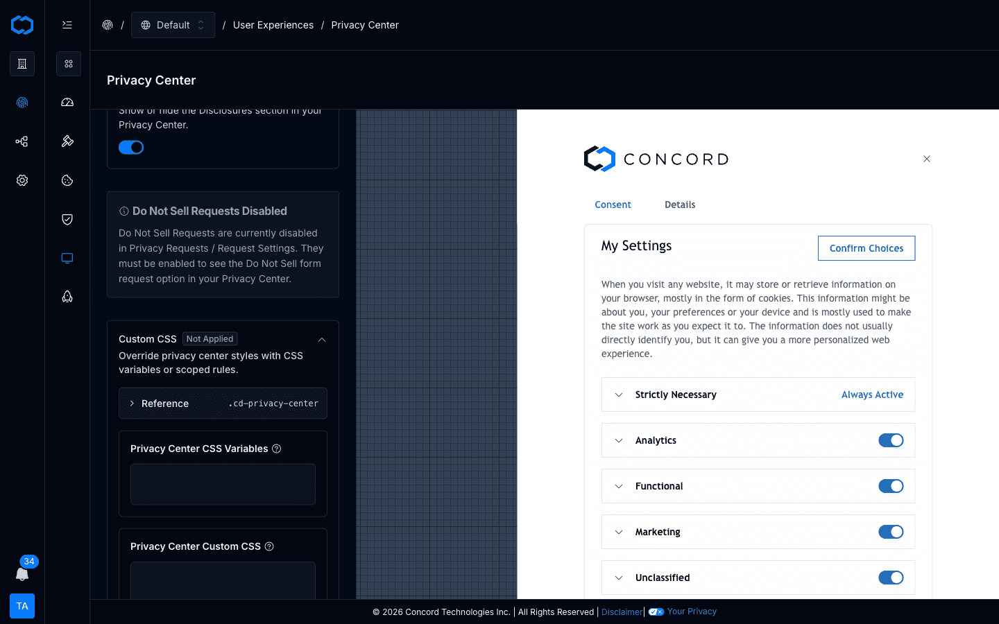 Privacy center Custom CSS panel