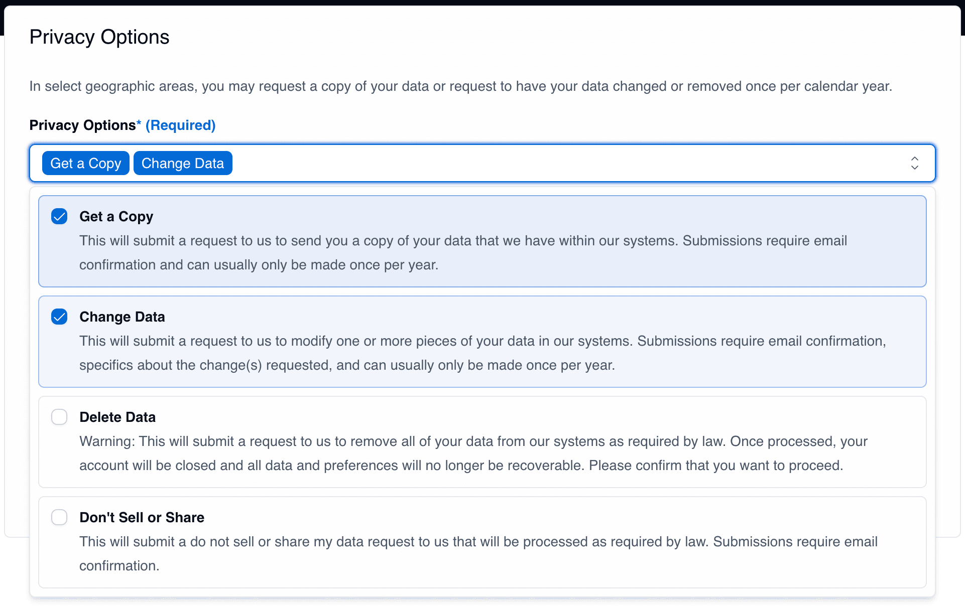 DSR Form with Single-Select and Multi-Select options