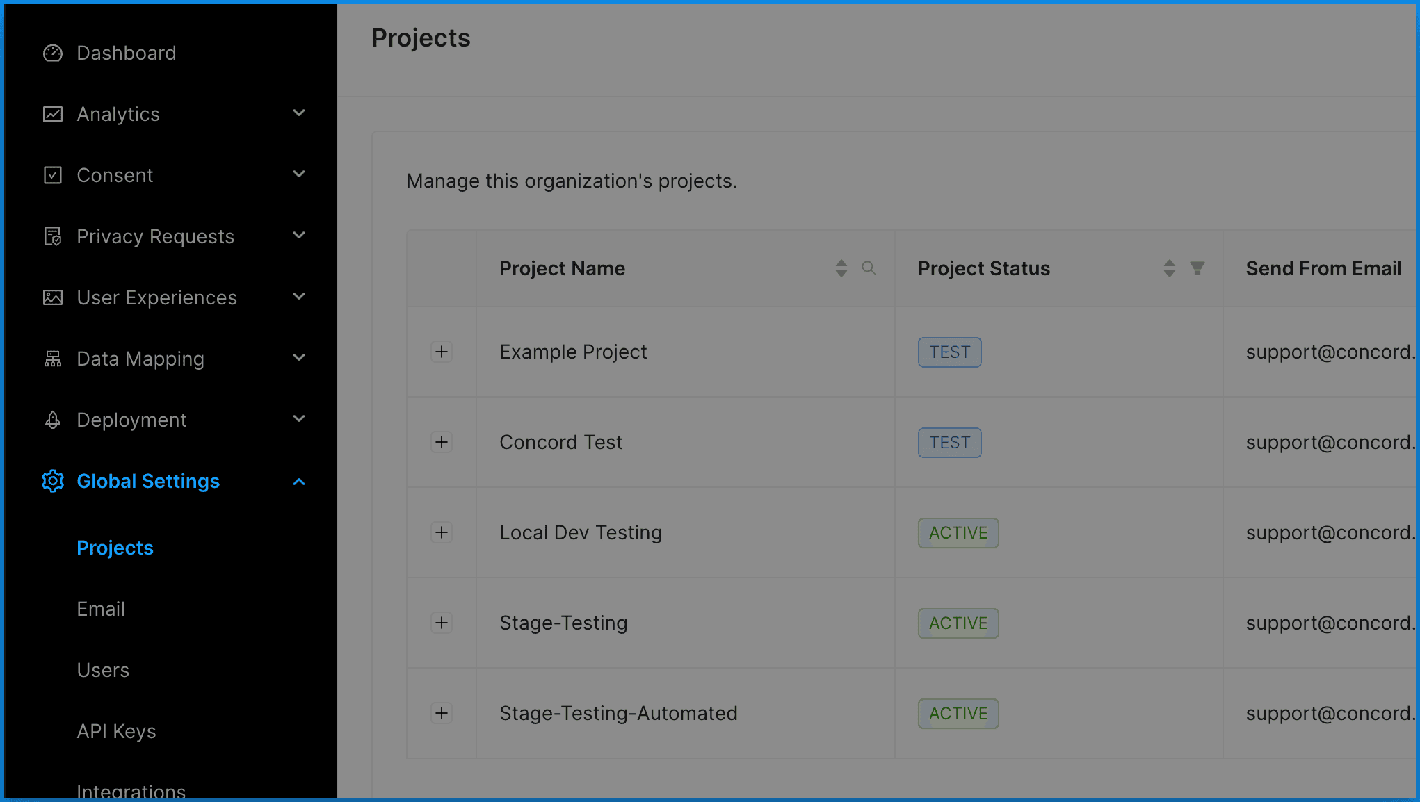 Navigation to Global Settings Projects