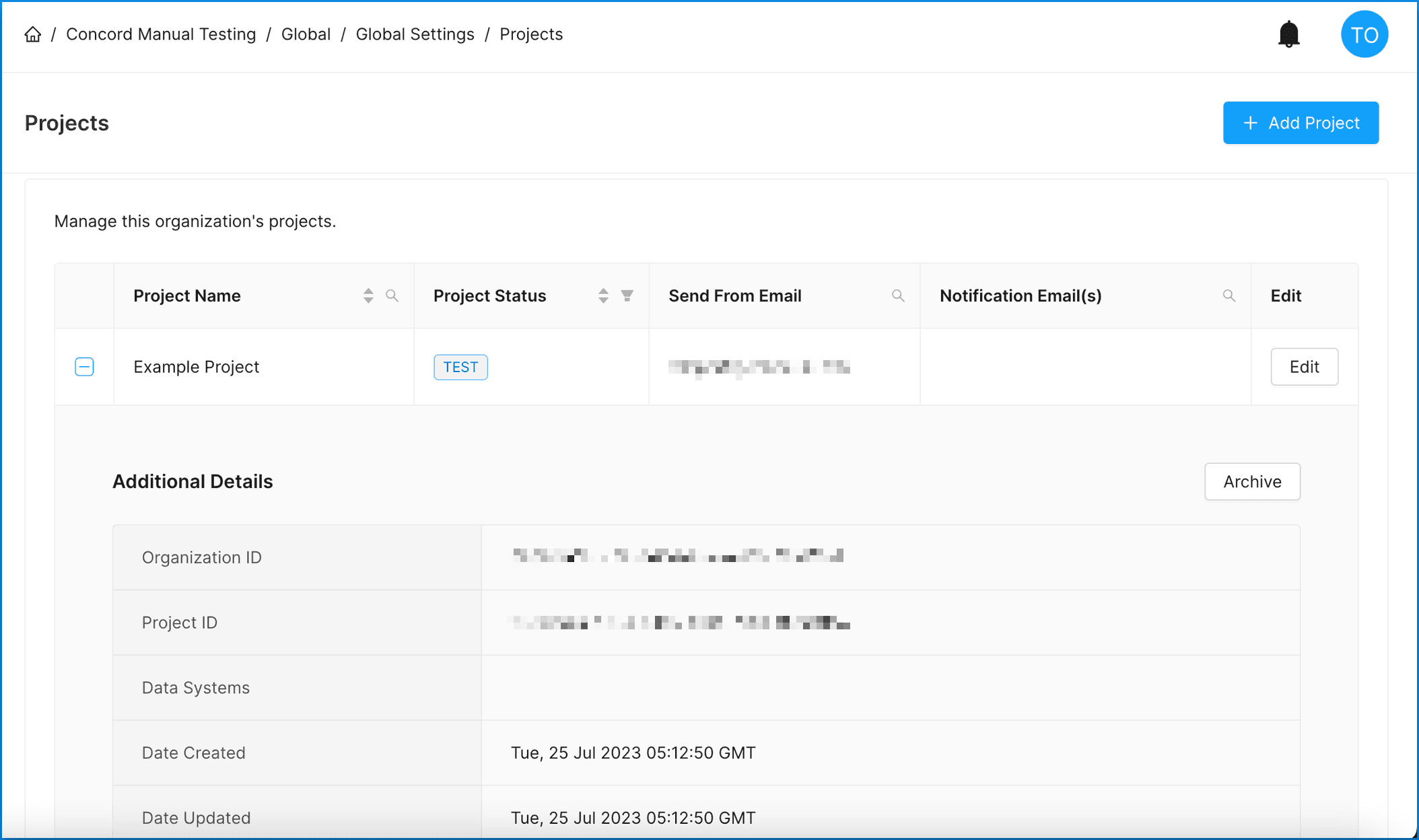 Expanded project details view