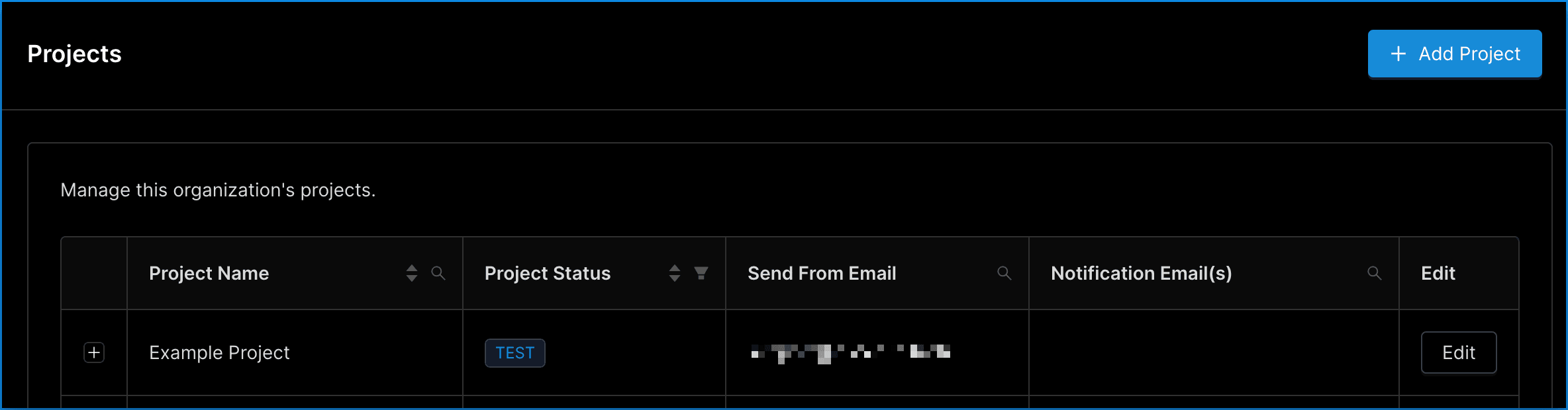Projects table view with expand button