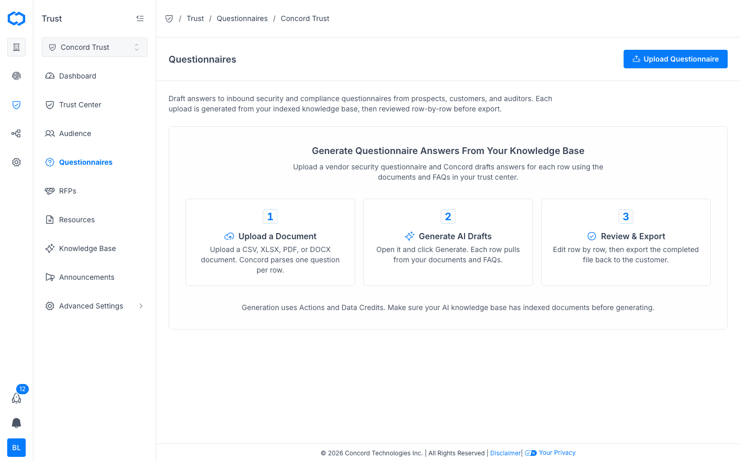 Questionnaires workspace