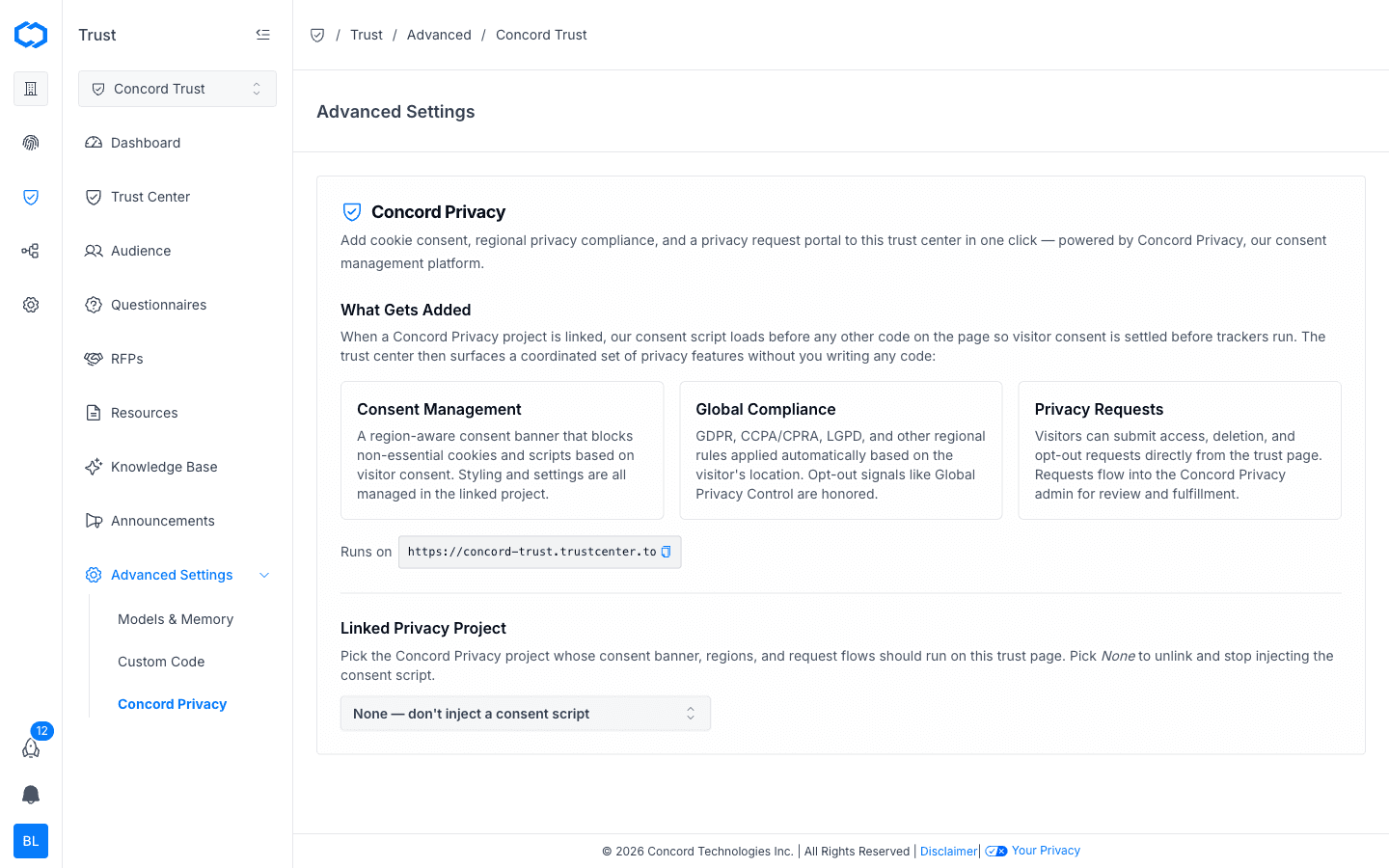 Advanced Settings: Concord Privacy integration