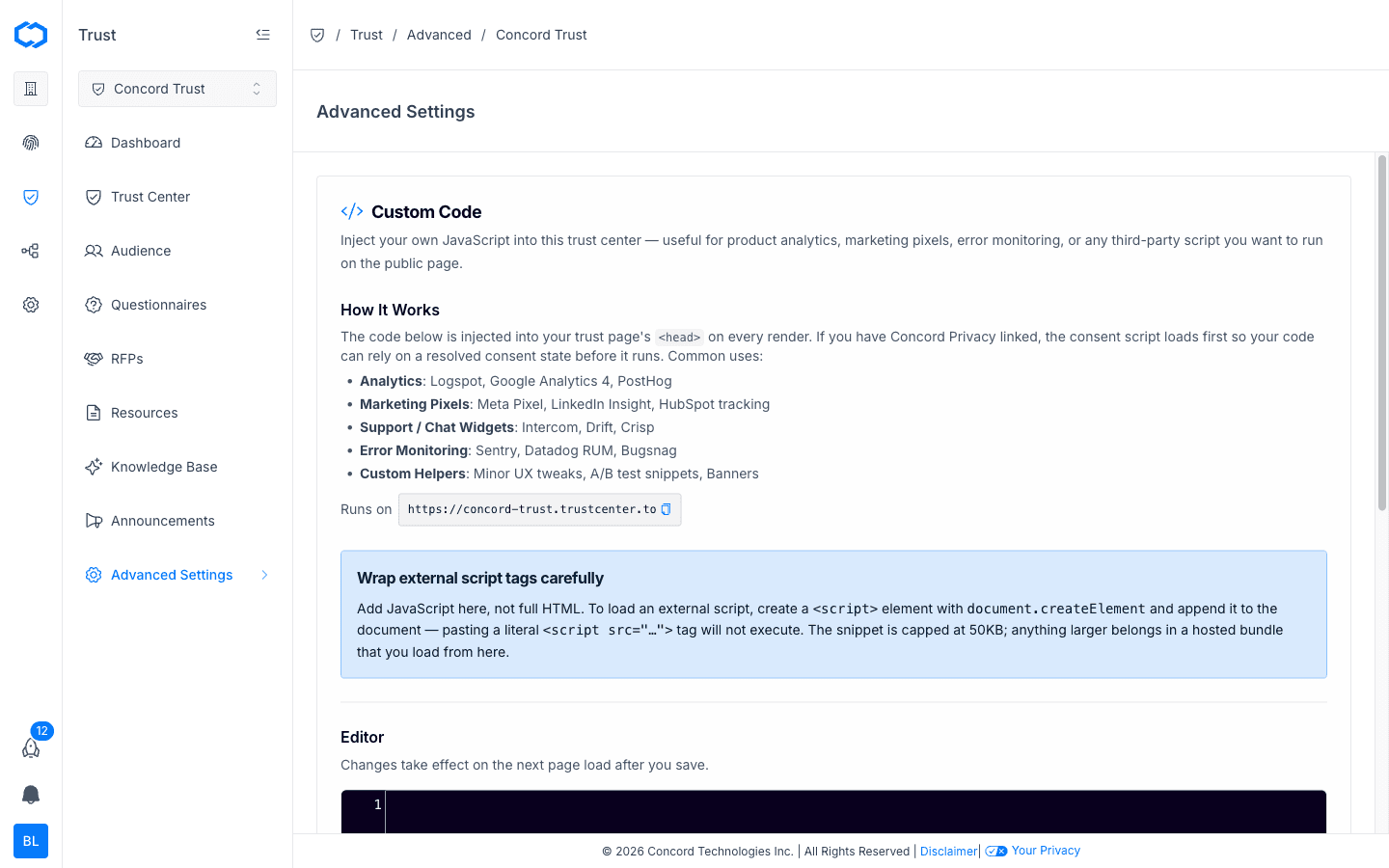 Advanced Settings: Custom Code