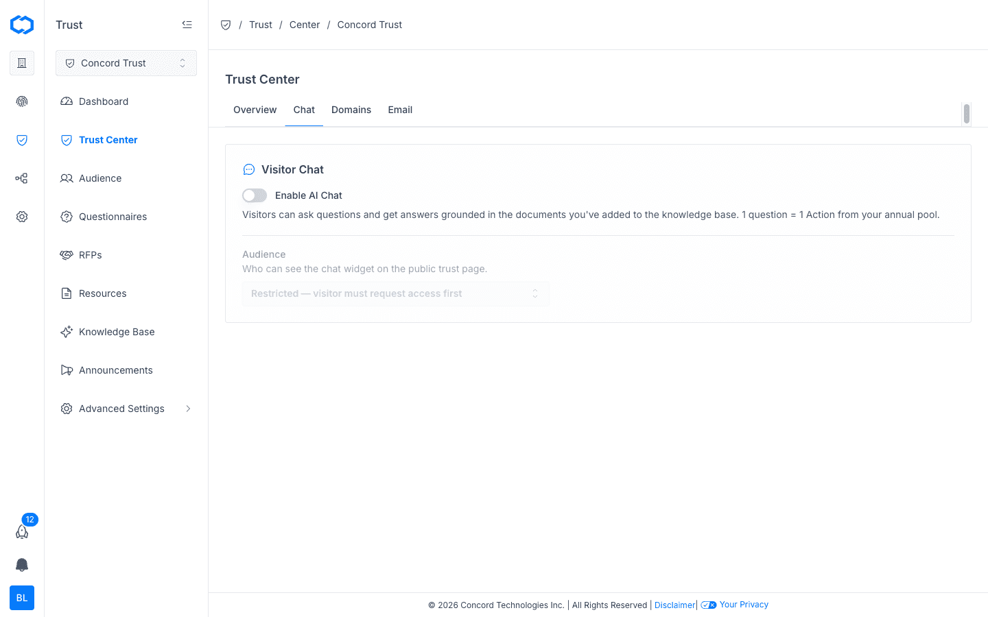 Trust Center: Chat tab