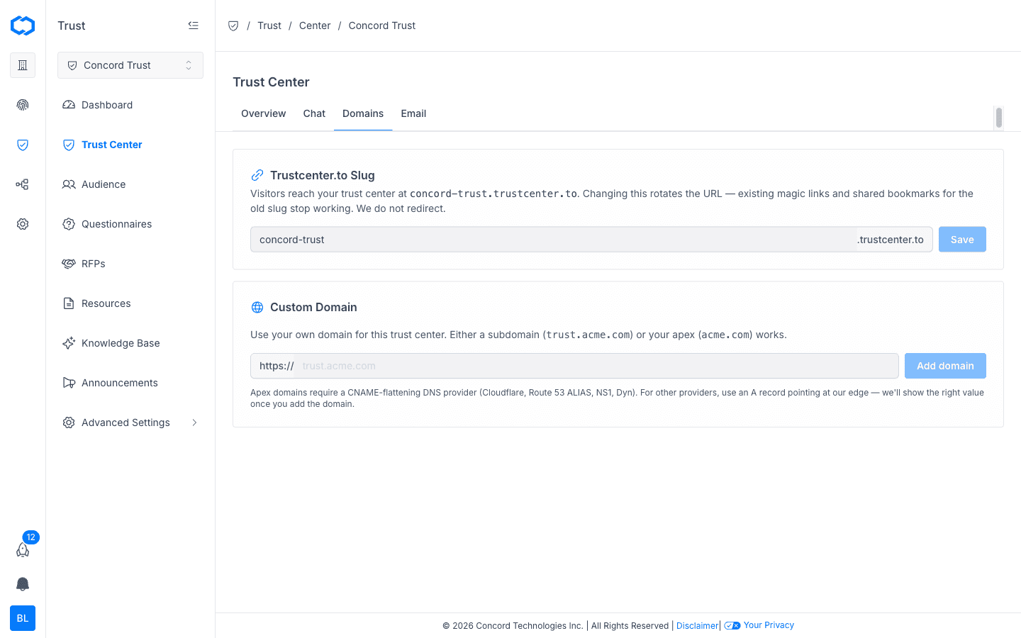 Trust Center: Domains tab