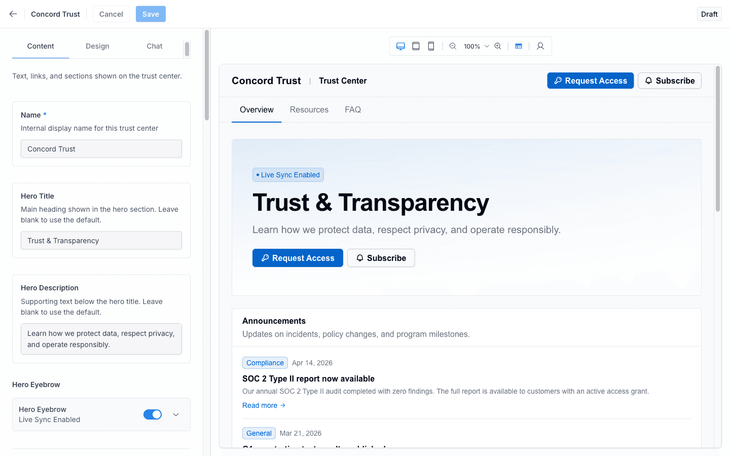 Trust Center Editor: Content tab