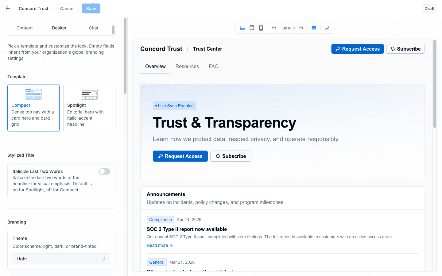 Trust Center Editor: Design tab