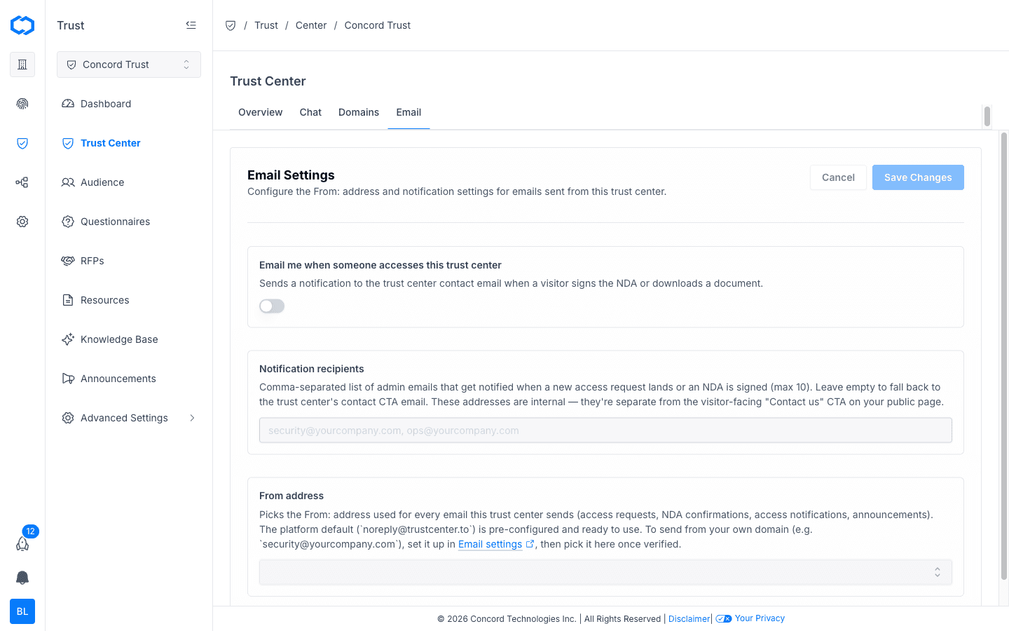 Trust Center: Email tab