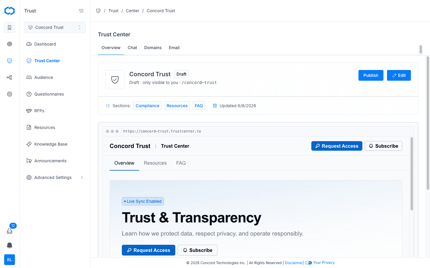 Trust Center admin overview with live preview