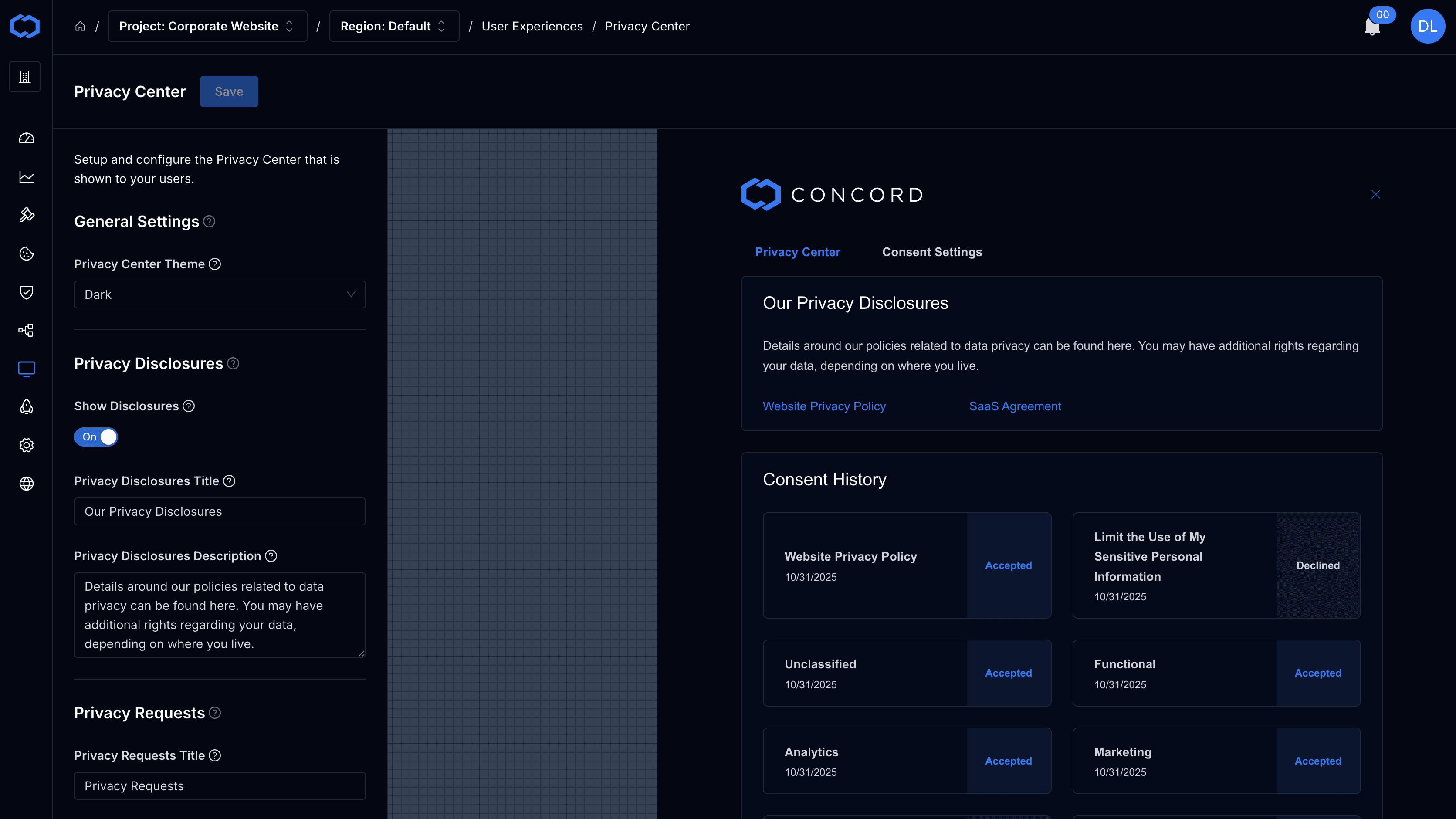 Concord Privacy Center branded consent experience