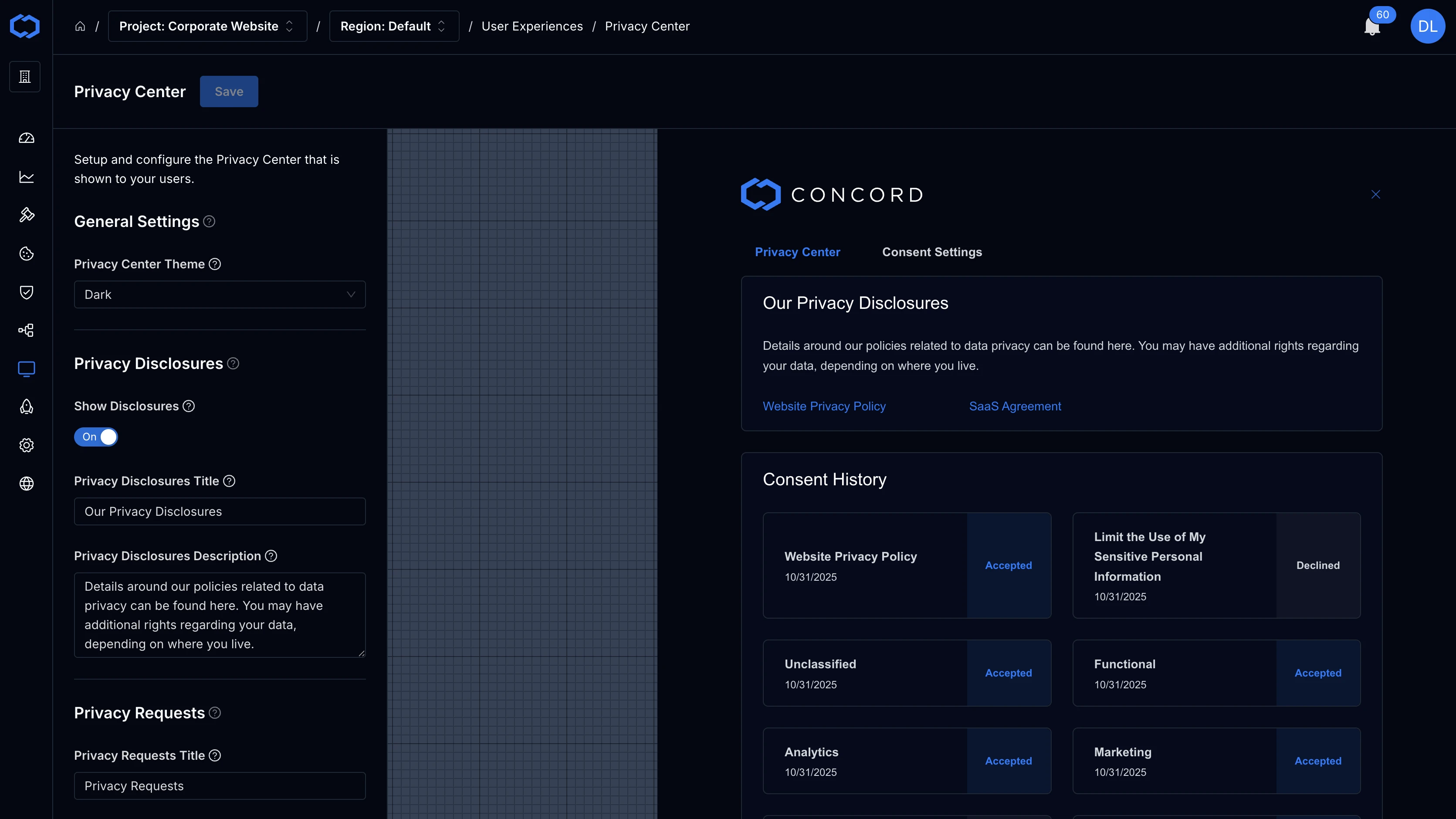 Concord Privacy Center branded consent experience
