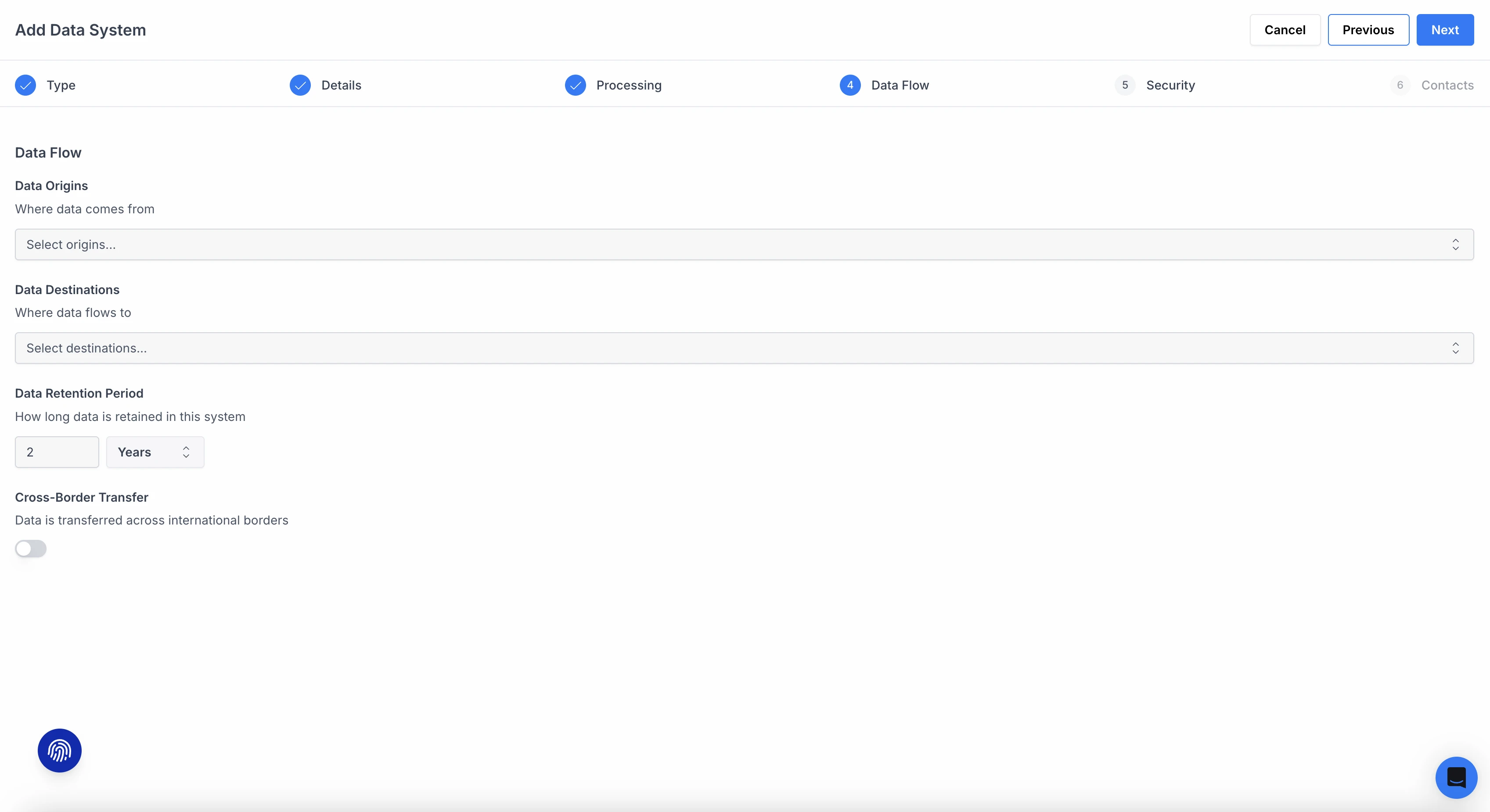 Add Data System wizard, data flow step