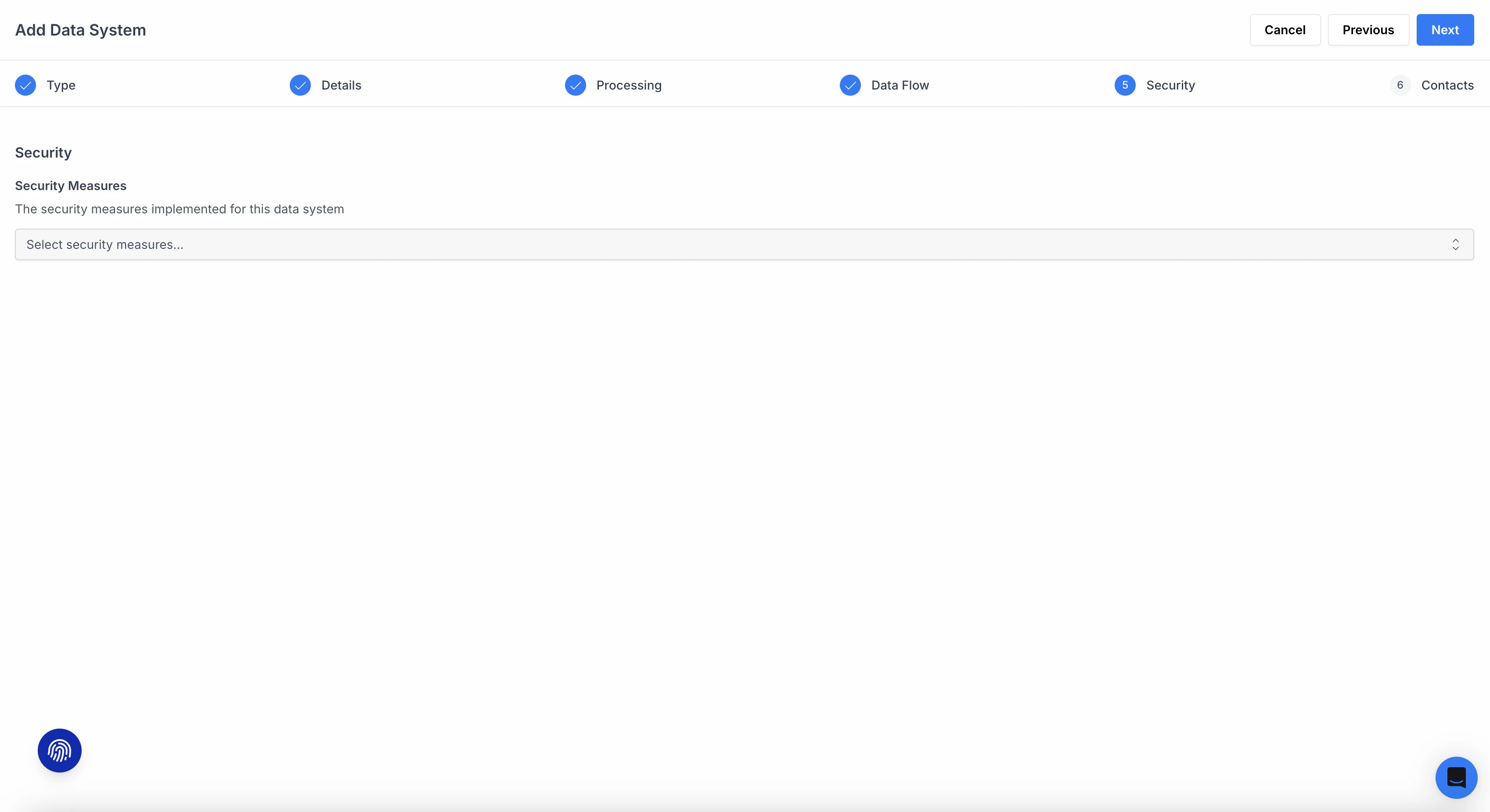 Add Data System wizard, security step