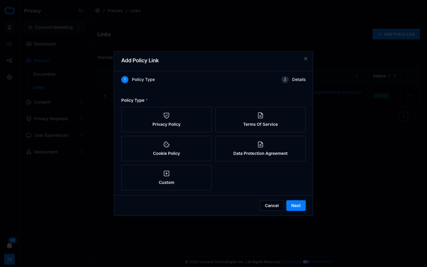 Add Policy Link — Policy Type step