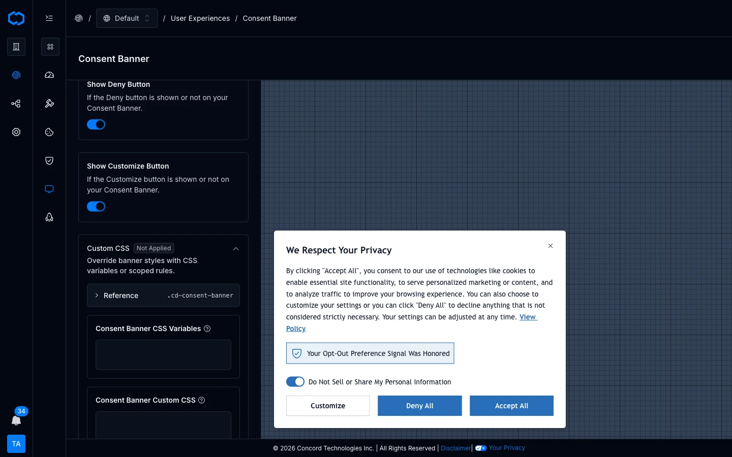 Consent banner Custom CSS panel