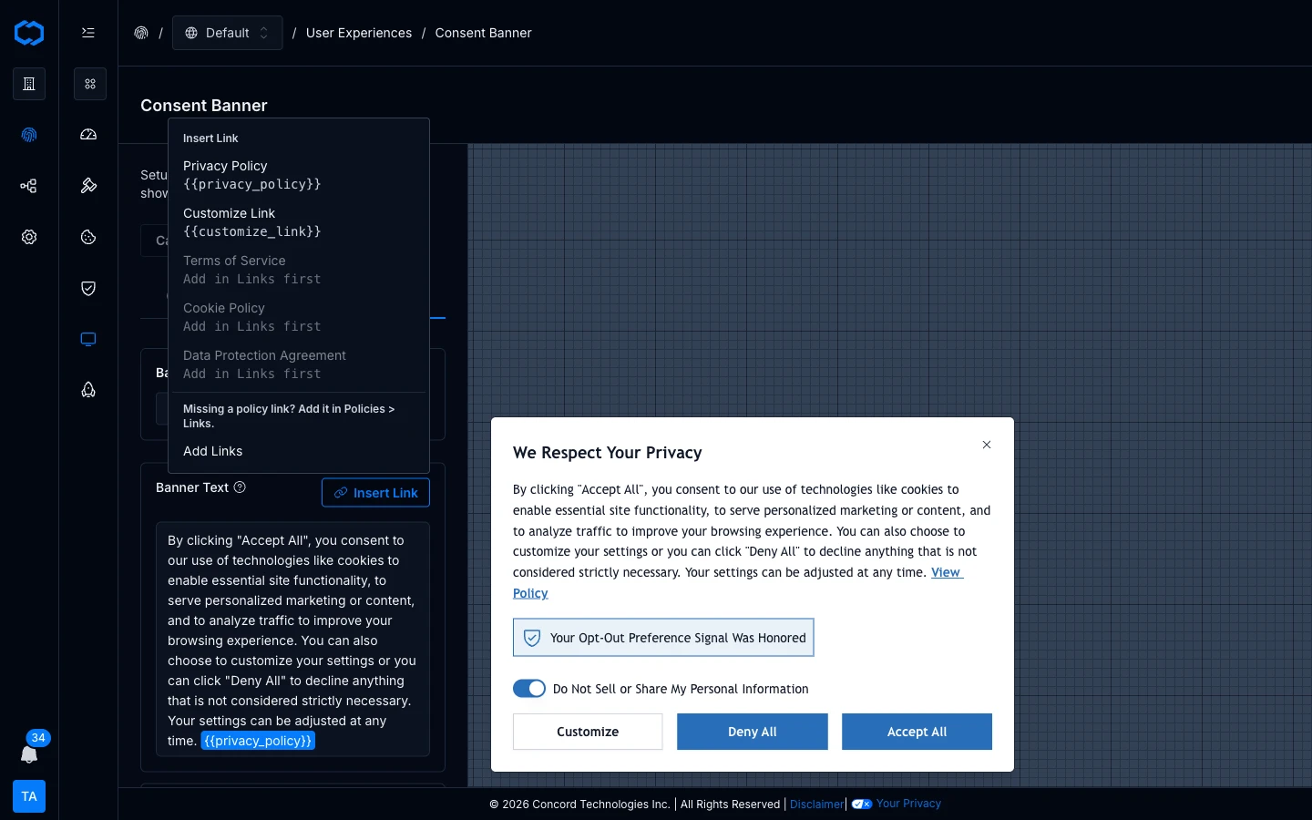 Consent banner text editor — Insert Link menu