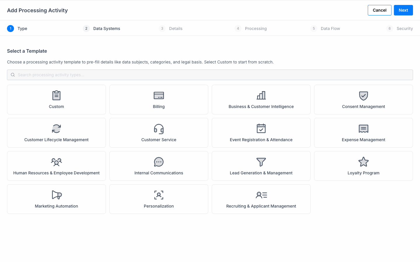 Add Processing Activity wizard, template selection