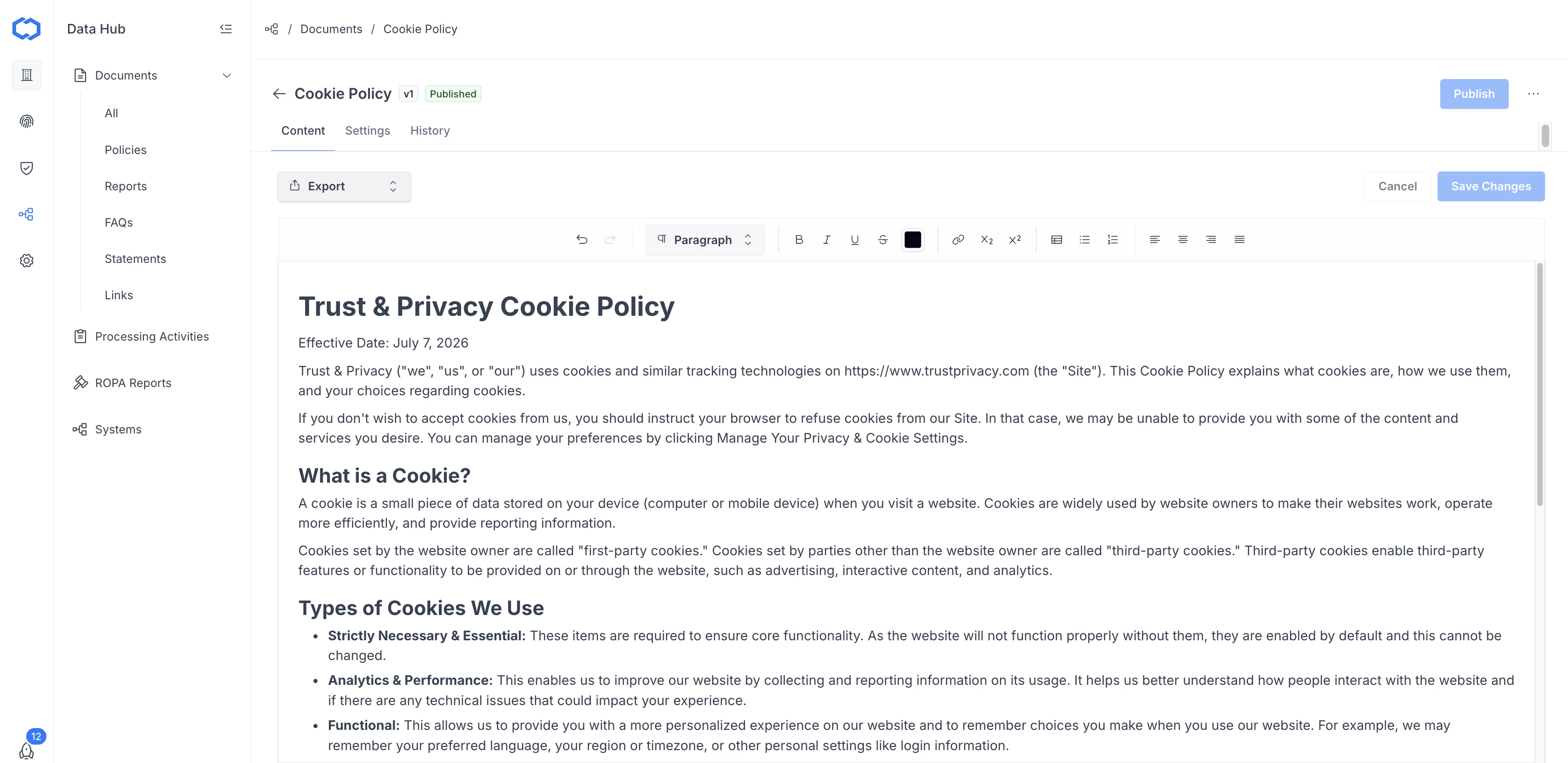 Document detail view: Content tab