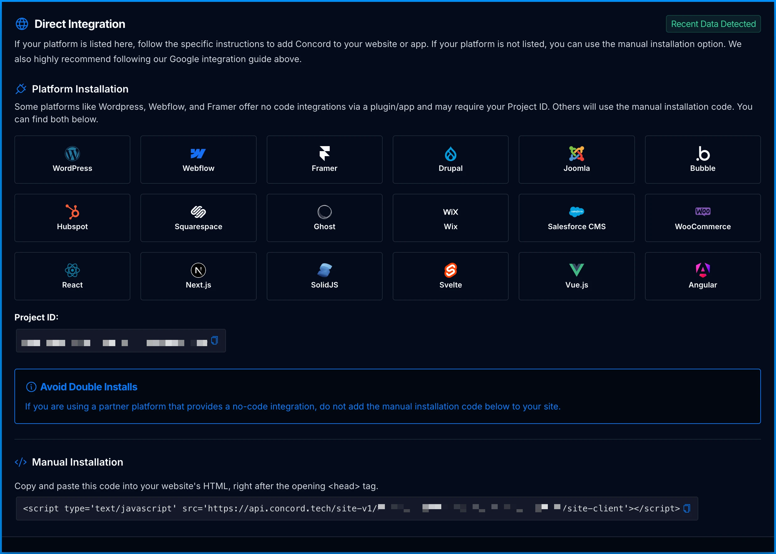 Concord project integration screen