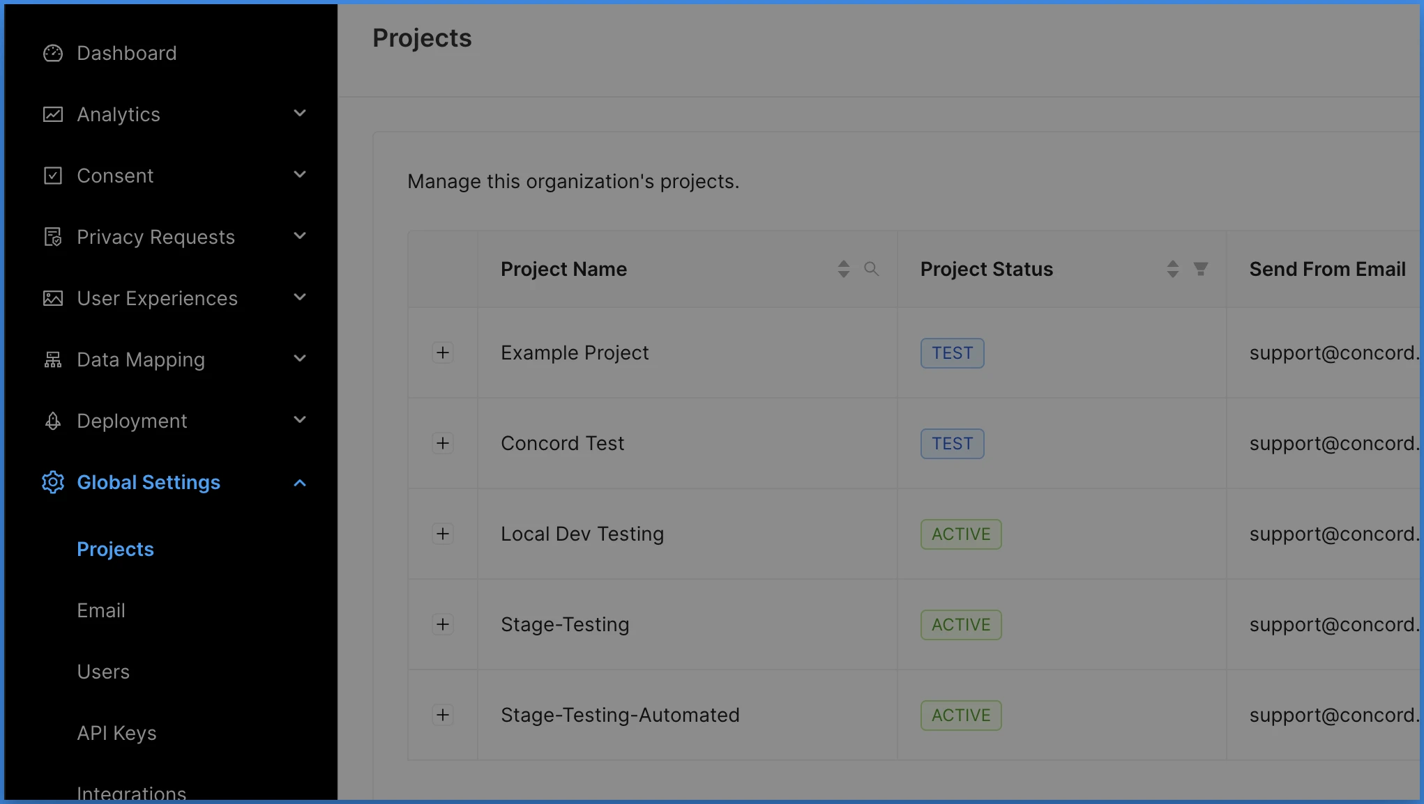 Navigation to Global Settings Projects