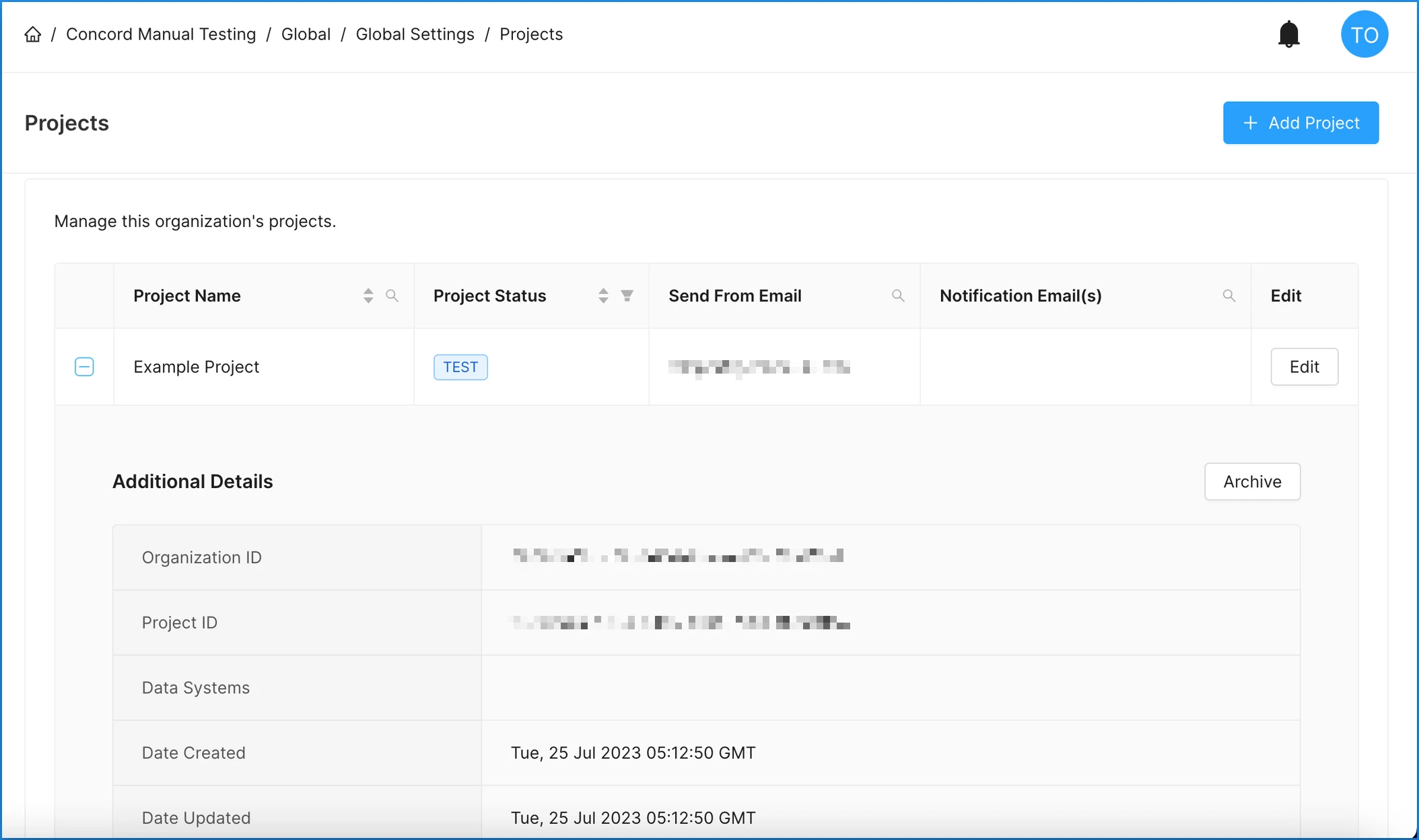 Expanded project details view